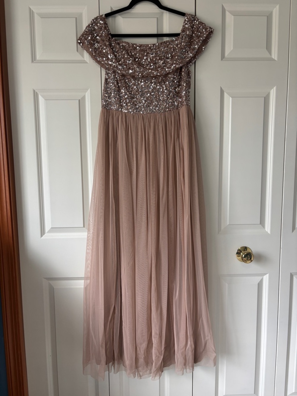 Sequin Off-Shoulder Evening Gown in Blush - Picture 3 of 10